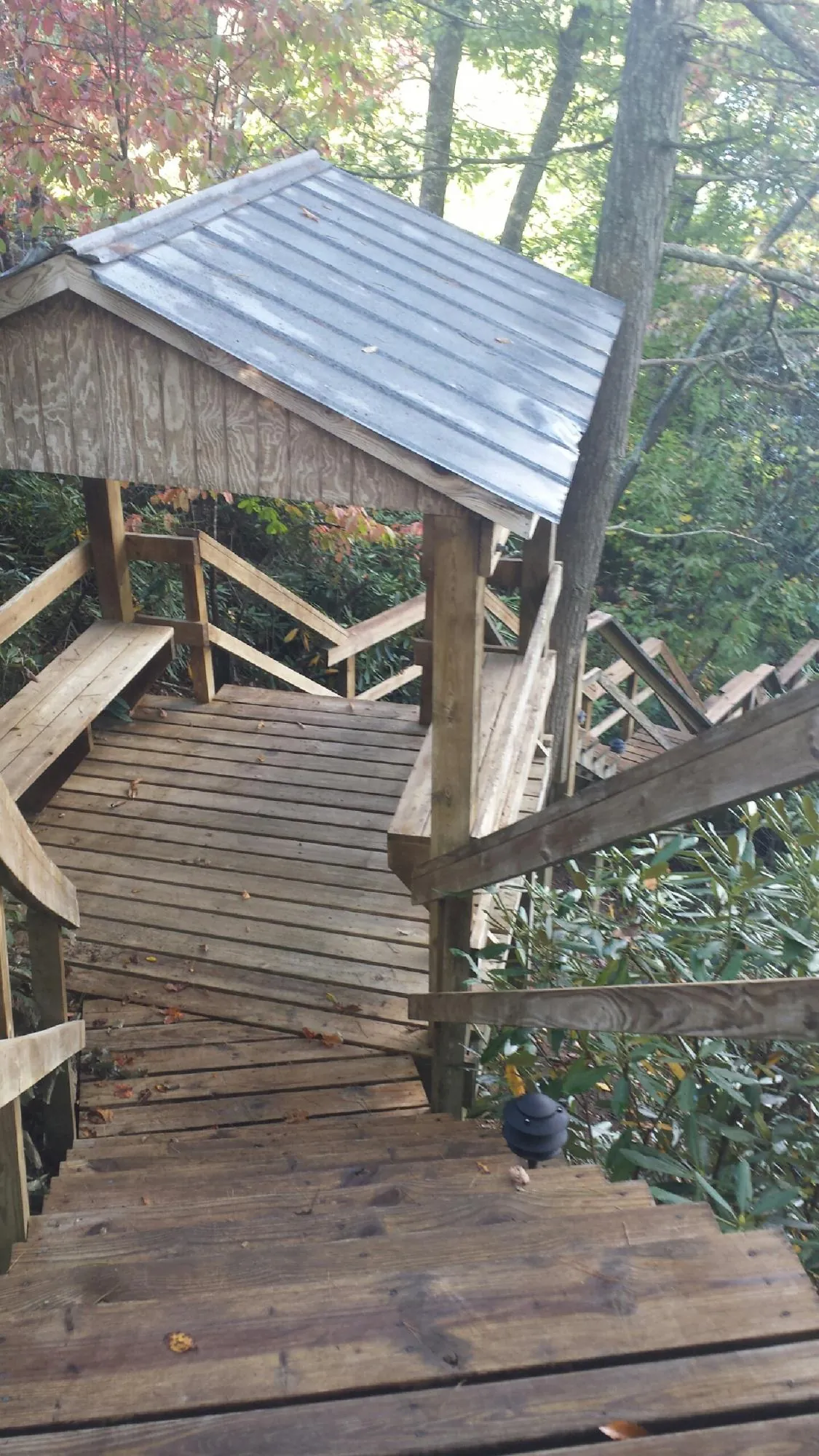Metal roofed shelter over wooden steps on a wooded walkway — Skylight Repair & Installation work by our crew in Mound Valley